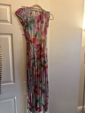 Olivaceous Pink Green Blue Floral Watercolor Maxi Dress